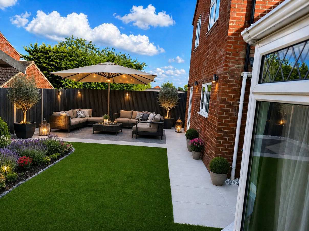 Landscaped garden with porcelain patio, outdoor seating and lawn