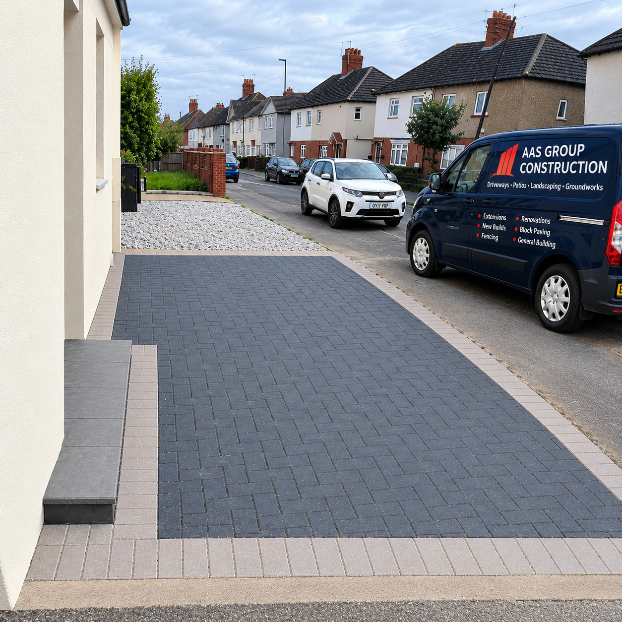 Charcoal block paved driveway with the AAS Group Construction van