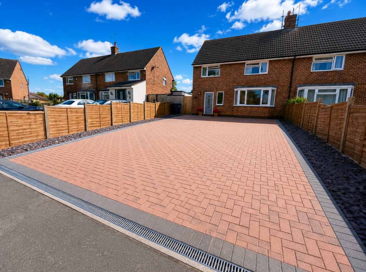 Block paved driveway with charcoal edging and drainage channel